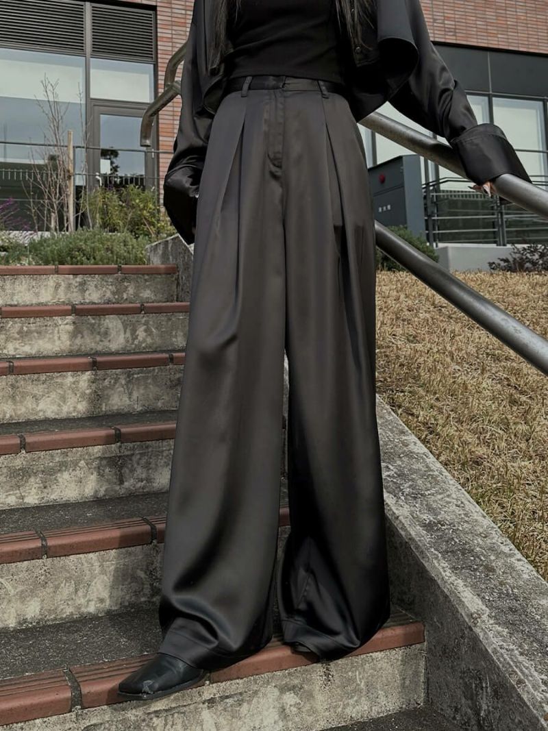 Satin tuck wide pants