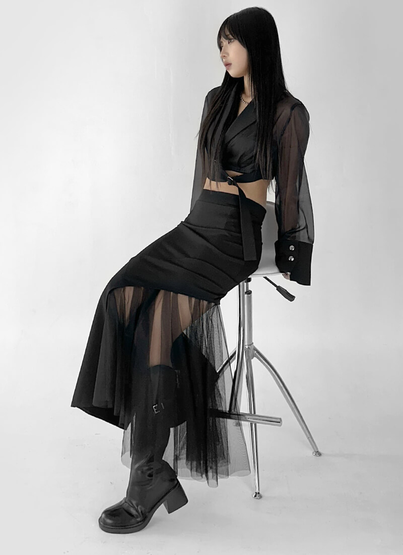 Sheer sleeve asymmetry cropped jacket