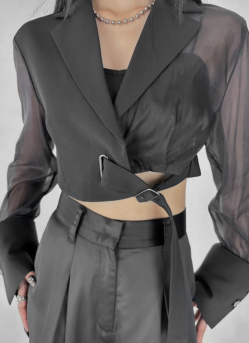 Sheer sleeve asymmetry cropped jacket