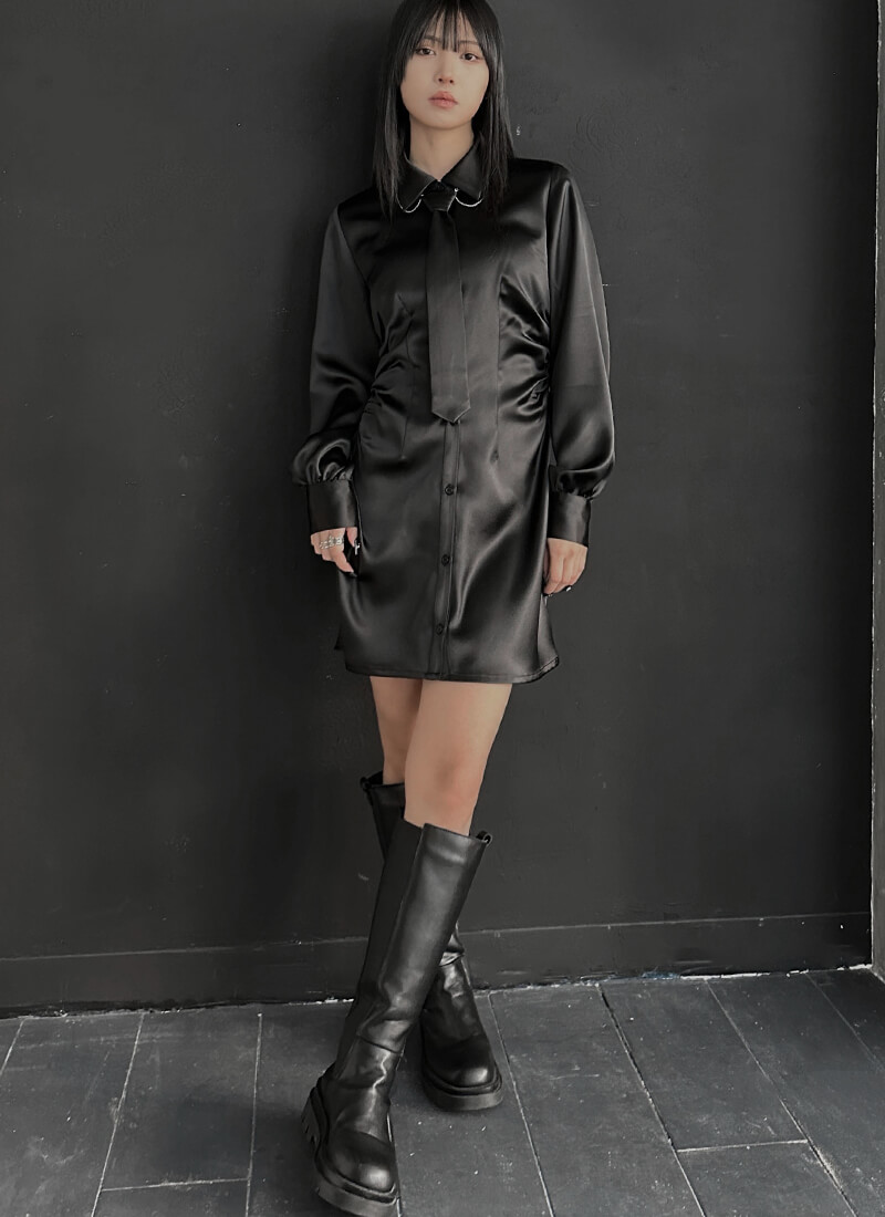 Tie set shirring shirt one piece