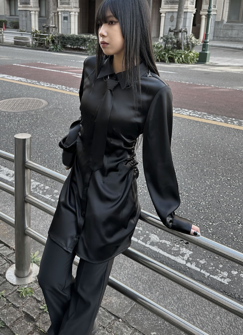 Tie set shirring shirt one piece