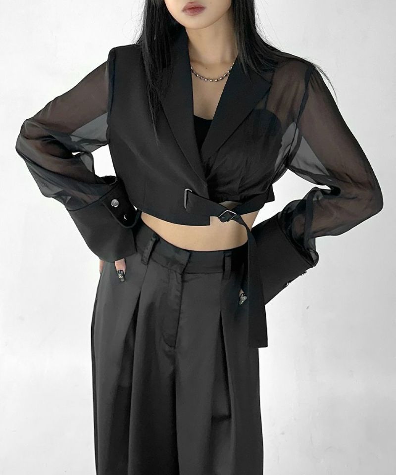 Sheer sleeve asymmetry cropped jacket