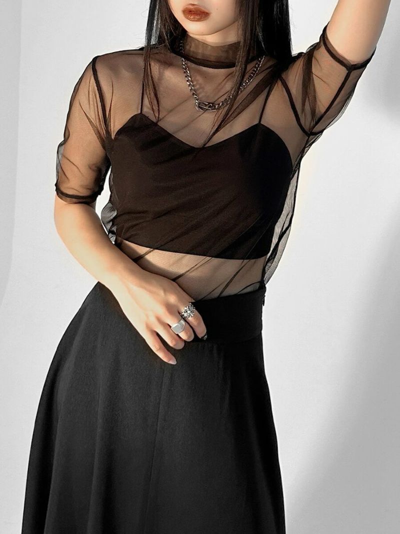 Petite high neck see-through tops