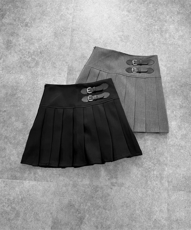 Double belt design pleated mini skirt