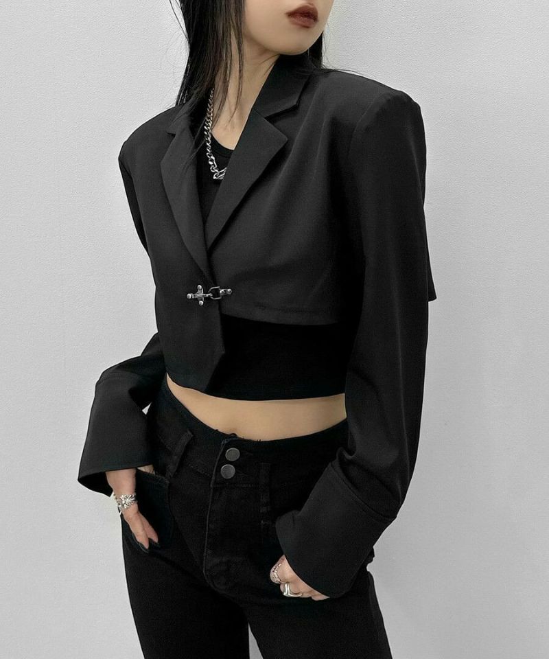 ジャケット・アウター Sheer sleeve asymmetry cropped jacket シアースリーブアシメクロップドジャケット | LVEU.（ラブユ.）