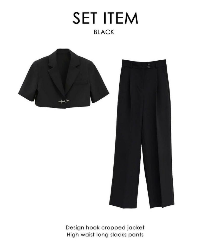 SET】デザインフックジャケット＆ハイウエストロングスラックス