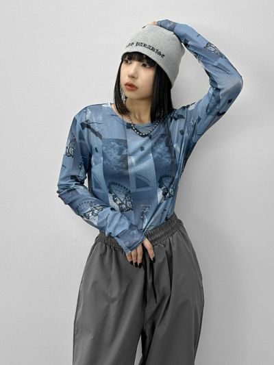 Photo print crew neck sheer tops
